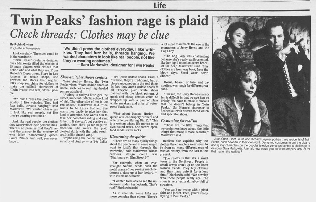Newspaper article about Twin Peaks fashion