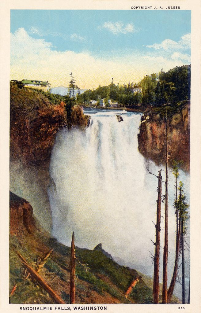 Postcard of Snoqualmie Falls and Snoqualmie Falls Lodge