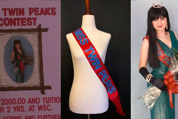 Miss Twin Peaks contest poster, form displaying Miss Twin Peaks sash and Jula Bell modeling Miss Twin Peaks outfit