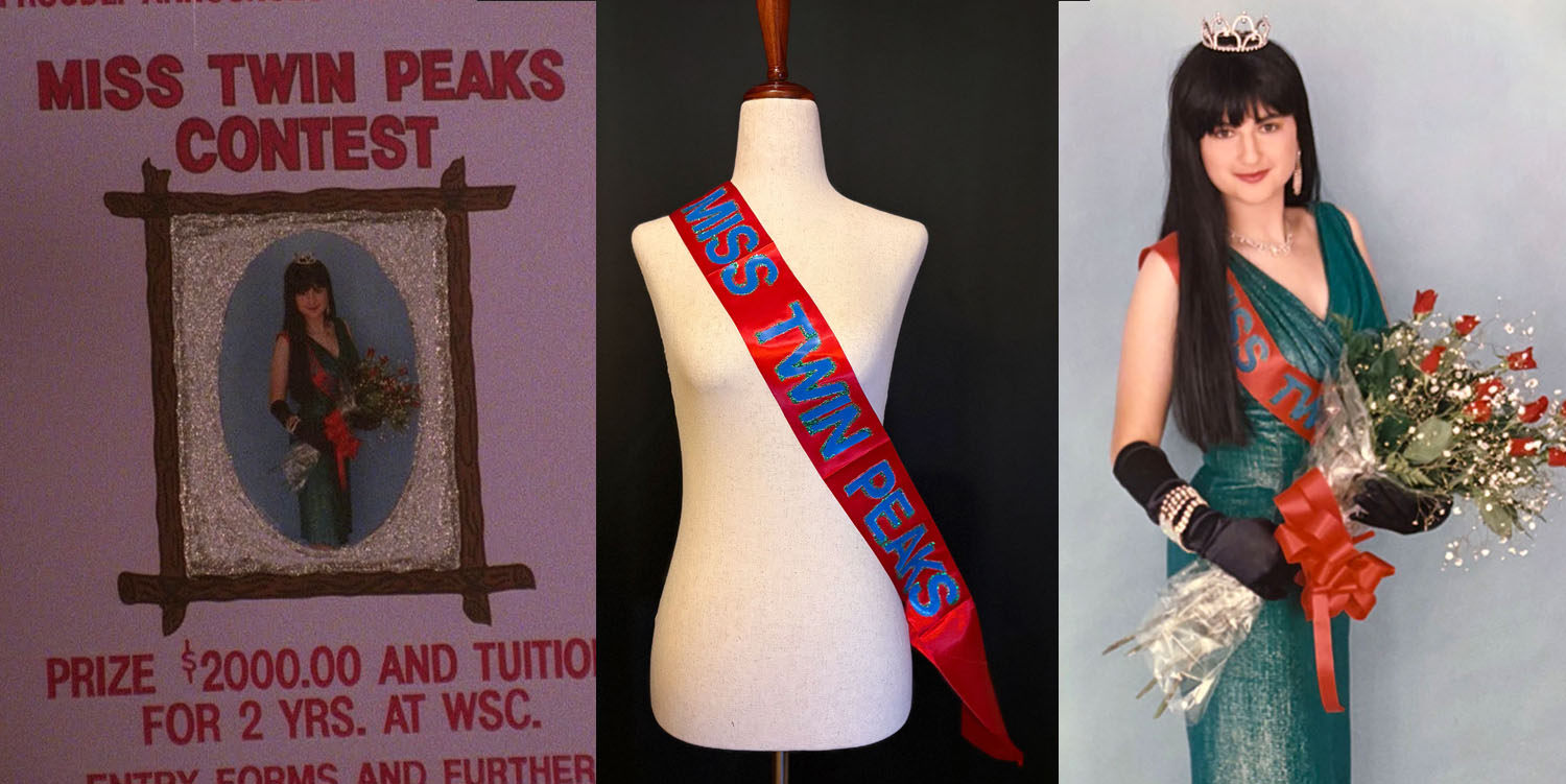 Miss Twin Peaks contest poster, form displaying Miss Twin Peaks sash and Jula Bell modeling Miss Twin Peaks outfit