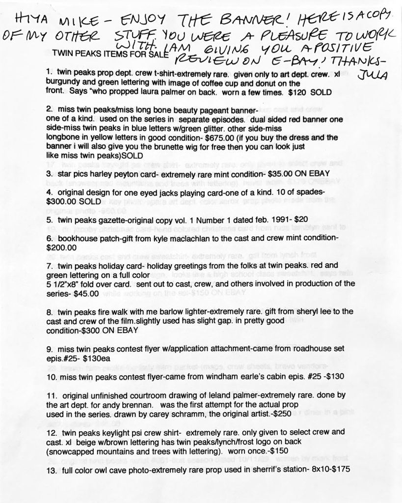 Jula Bell's inventory list