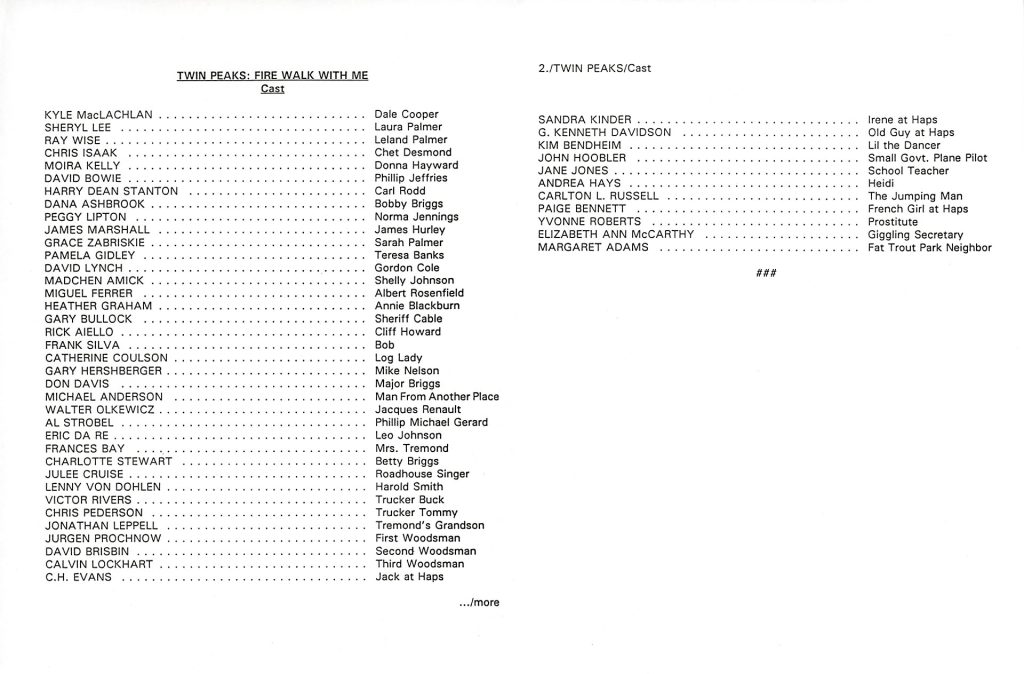 Cast Member list for Twin Peaks: Fire Walk With Me