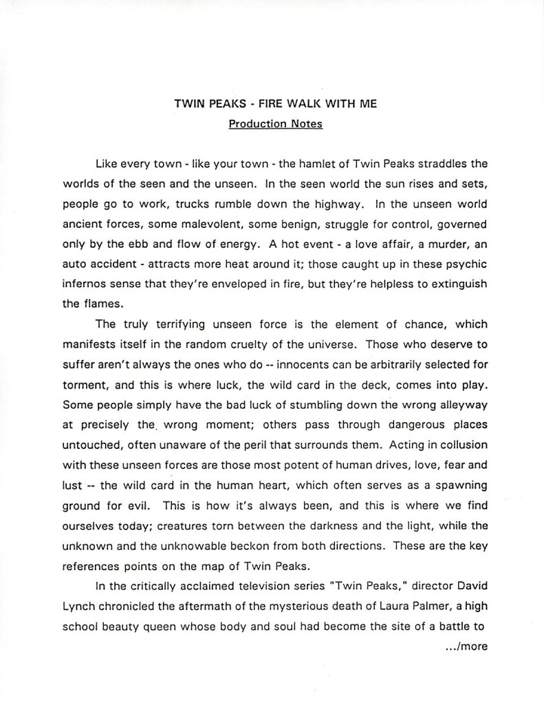 Production Notes for Twin Peaks: Fire Walk With Me