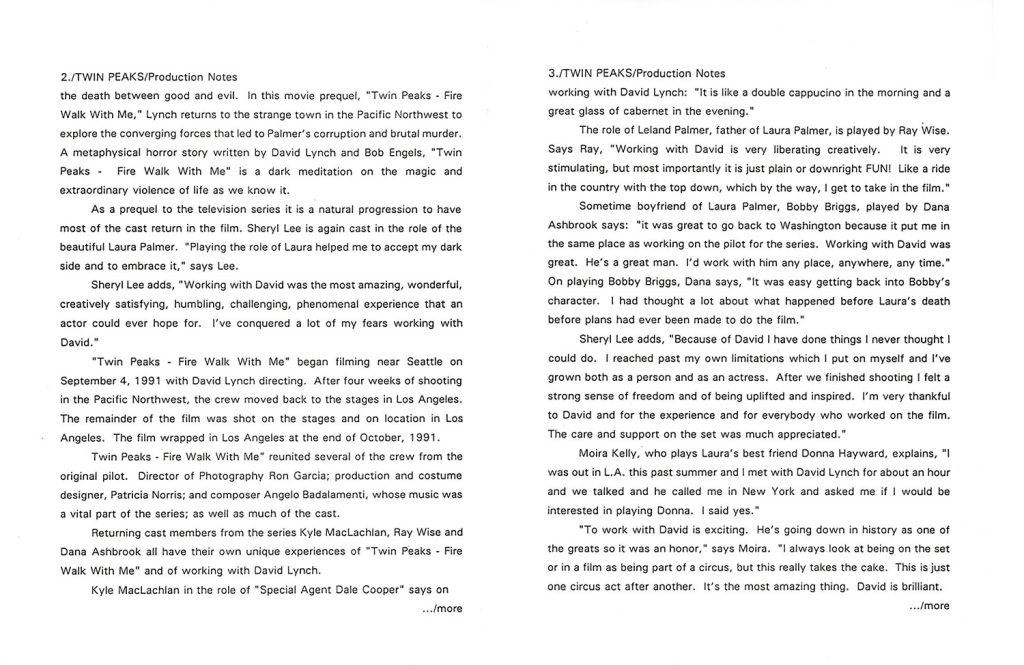 Production notes for Twin Peaks: Fire Walk With Me