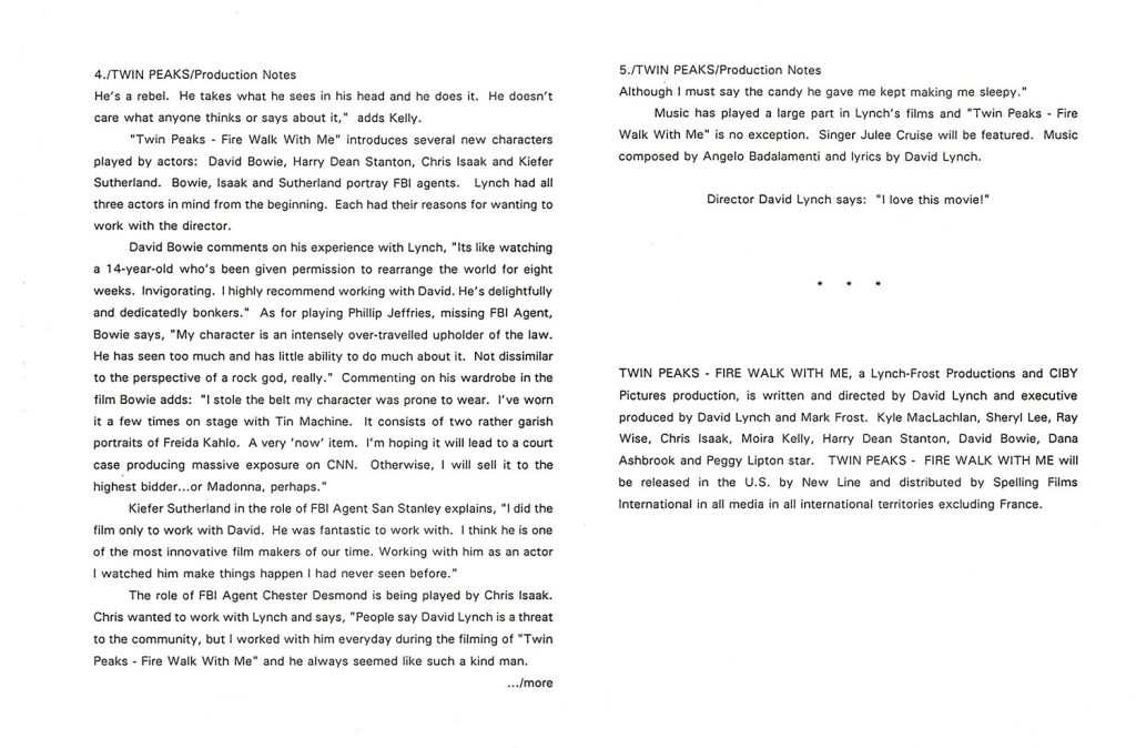 Production Notes for Twin Peaks: Fire Walk With Me