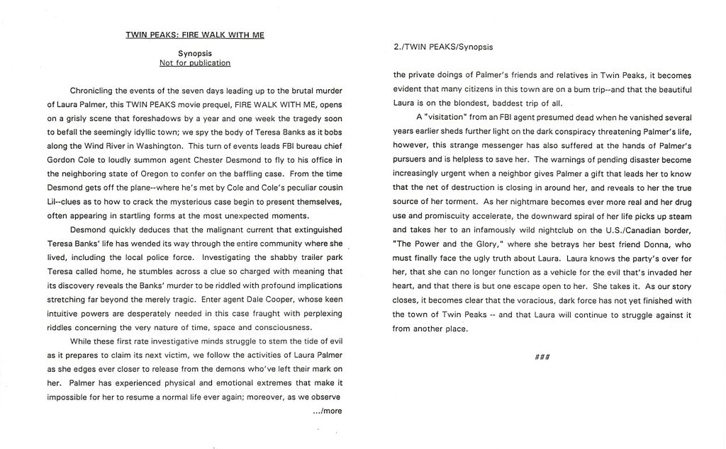Film synopsis for Twin Peaks: Fire Walk With Me