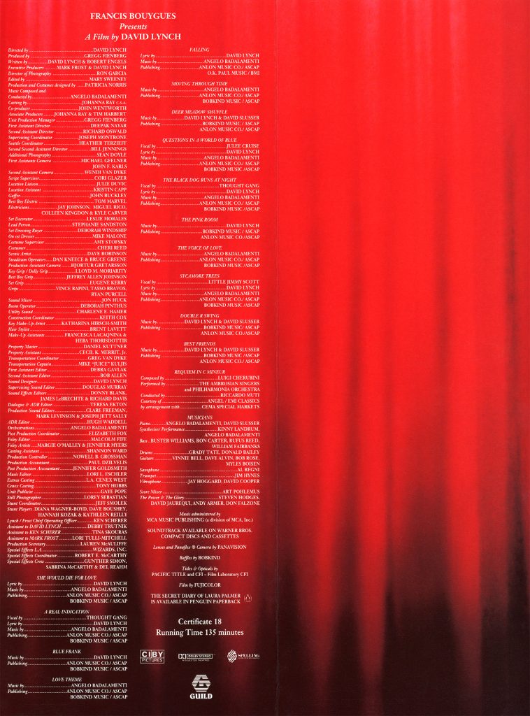 Credits Inside of 1992 United Kingdom Press Kit for "Twin Peaks: Fire Walk With Me."