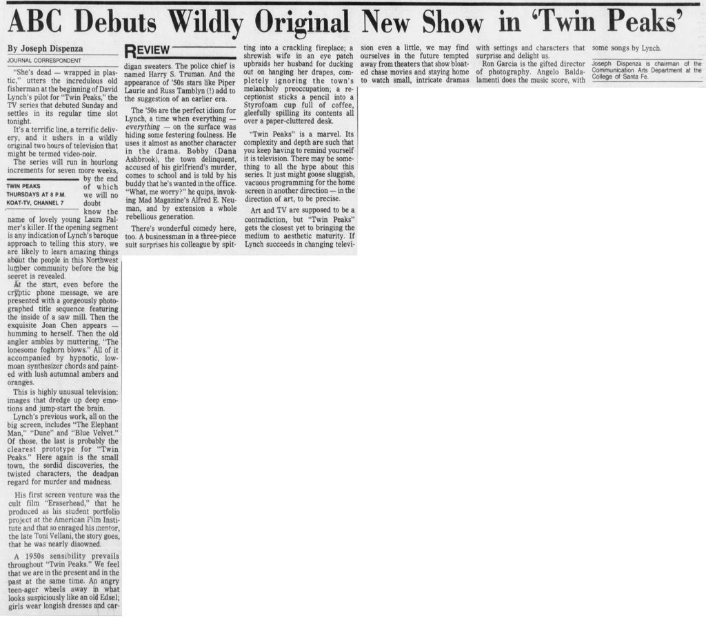 Newspaper article about Twin Peaks