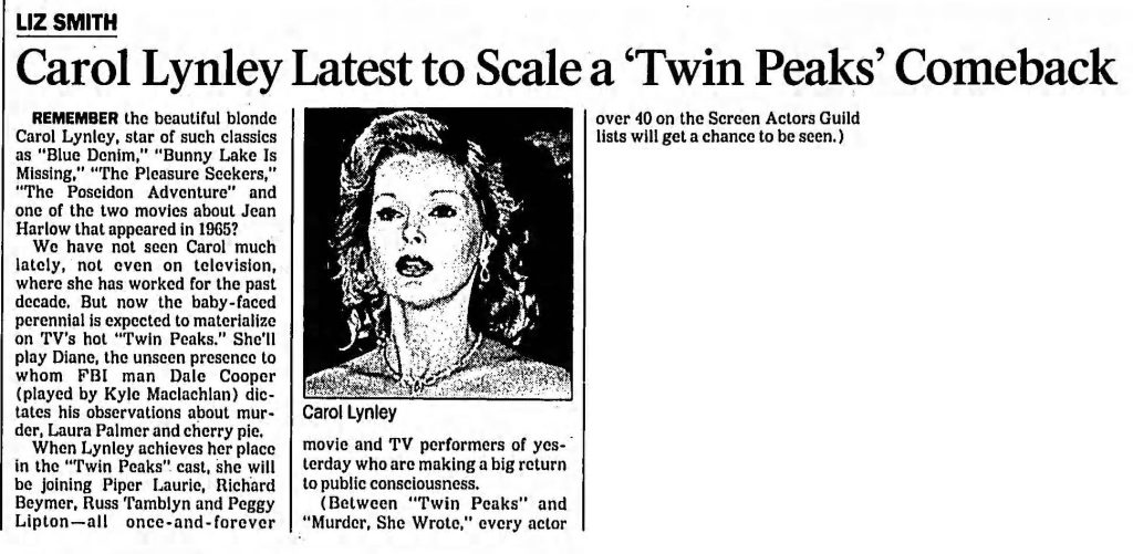 Newspaper article about Carol Lynley