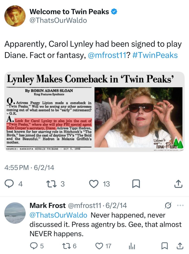 Tweet from Welcome to Twin Peaks and Mark Frost