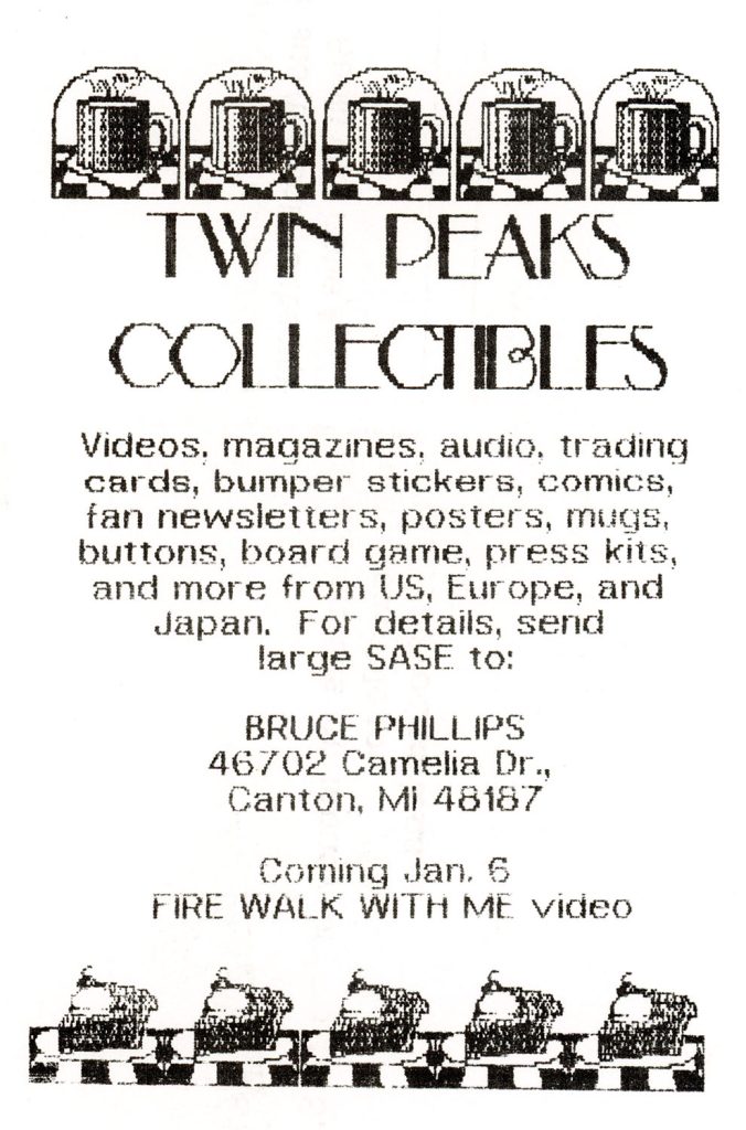 Advertisement for Twin Peaks Collectables catalog from Bruce Phillips