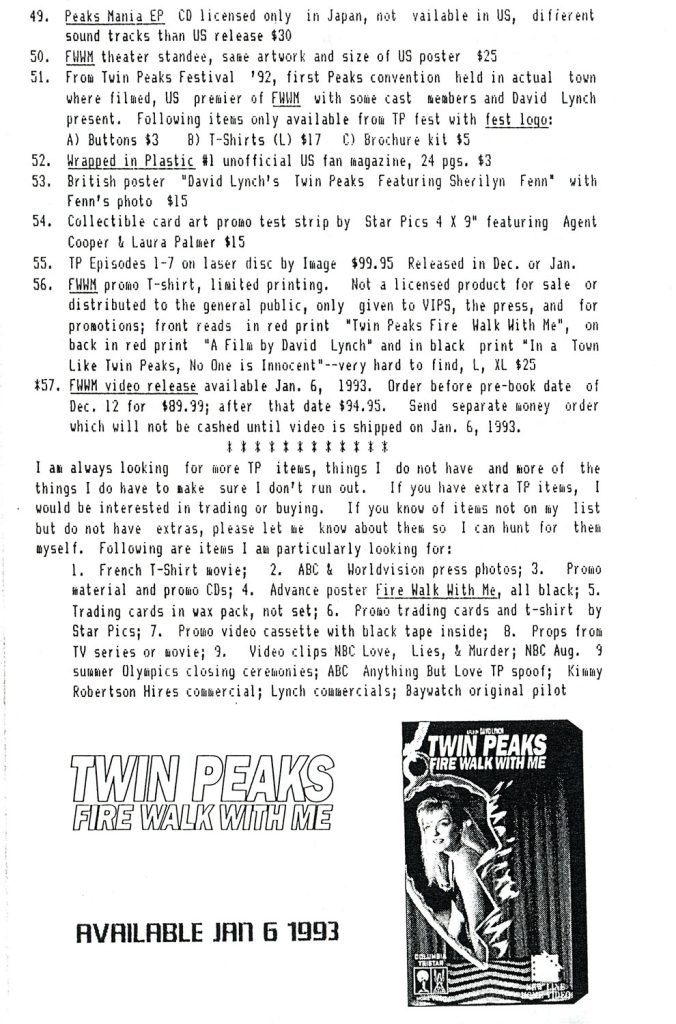 Twin Peaks Collectables catalog from Bruce Phillips