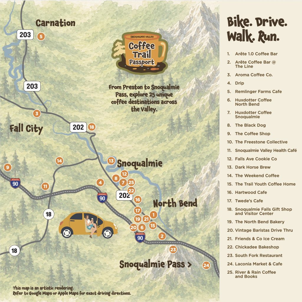 Map to coffee in Snoqualmie Valley, WA