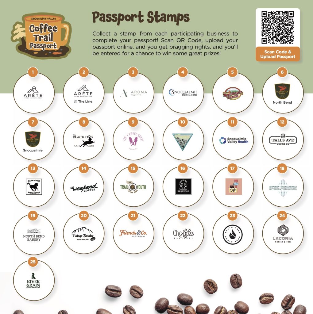 Page with stamps to coffee locations in Snoqualmie Valley, WA