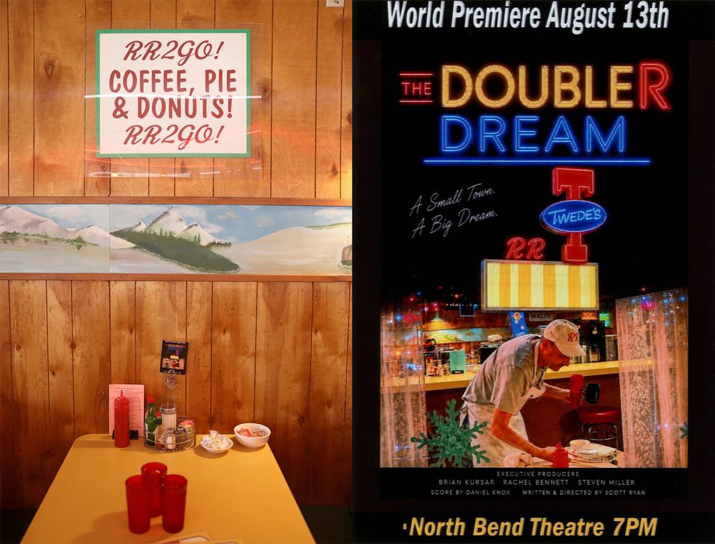 Booth inside Twede's Cafe and advertisement for Double R Dream