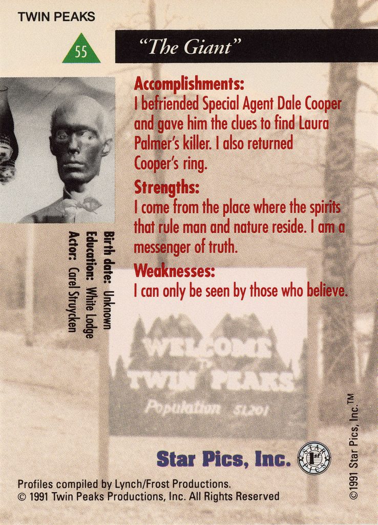 The back of StarPics trading card #55 for The Giant