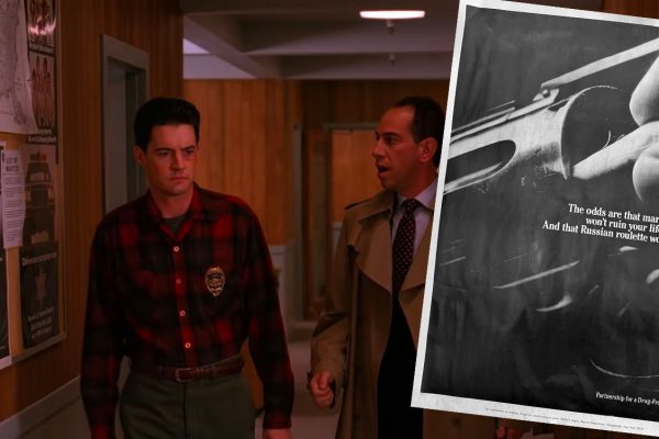 Agents Cooper and Rosenfield walking through the Sheriff's Department with an anti-drug poster