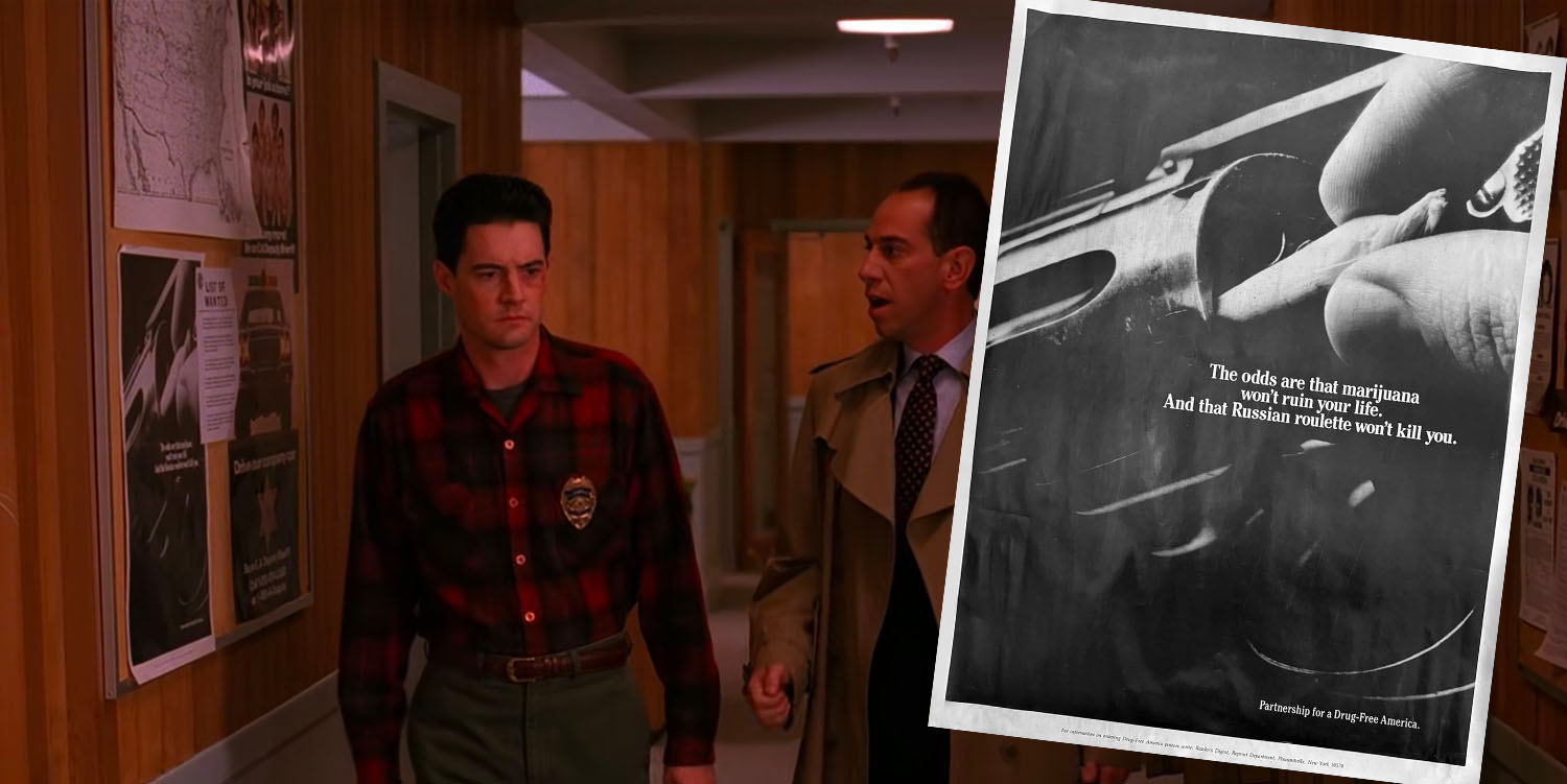 Agents Cooper and Rosenfield walking through the Sheriff's Department with an anti-drug poster