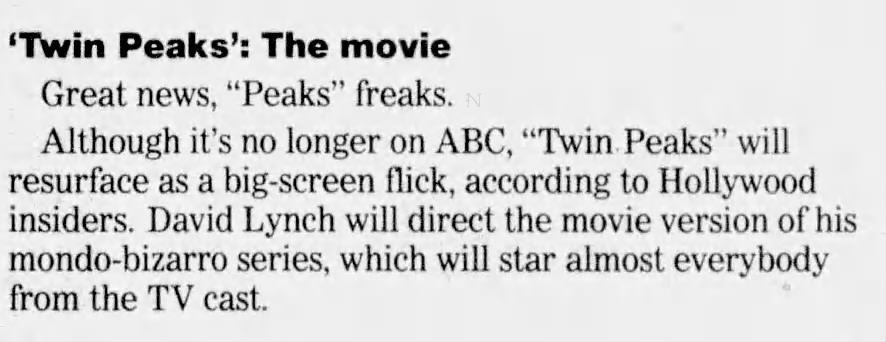 Newspaper article about Twin Peaks Movie
