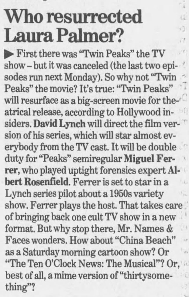 Newspaper article about Twin Peaks Movie