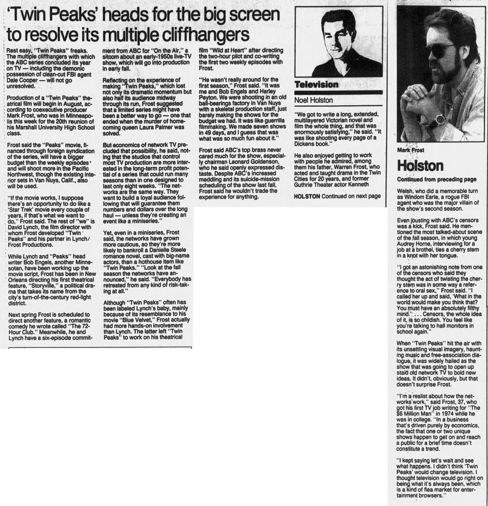 Newspaper article about Twin Peaks with Mark Frost interview