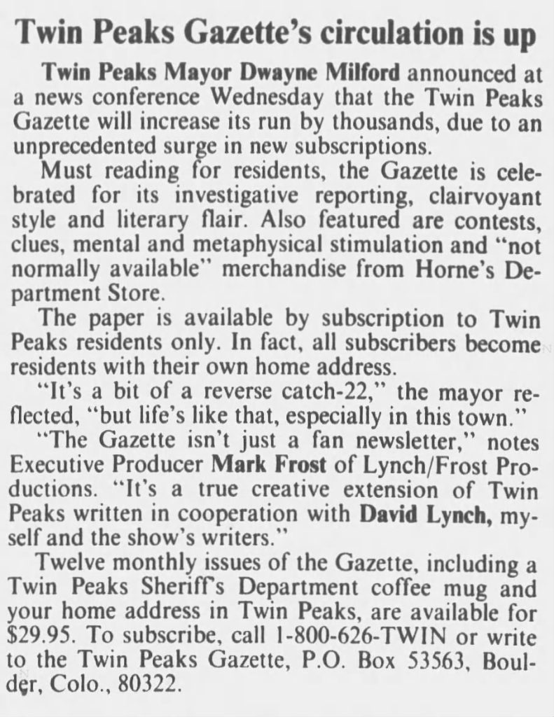 Newspaper article about Twin Peaks Gazette