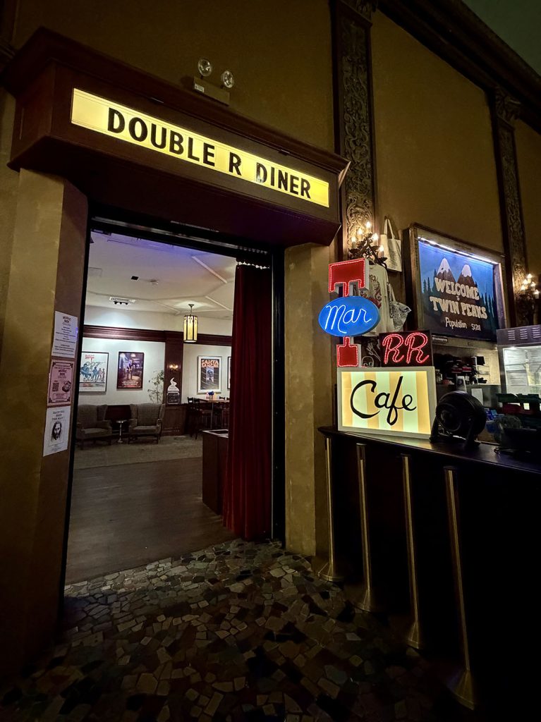 Double R Diner marquee and doorway leading to the lounge at the Music Box Theatre
