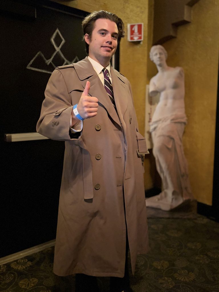 Ethan Kunoff wearing a replica of Special Agent Dale Cooper's coat