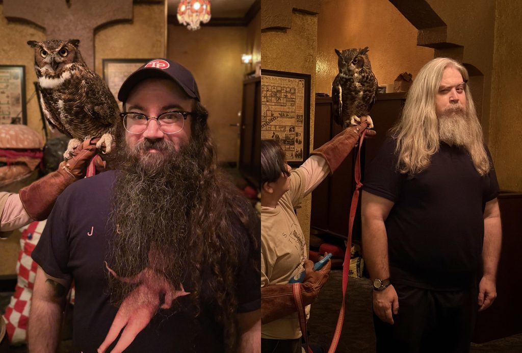 Left: Vinnie Guidera with the Great Horned Owl | Right: Daniel Knox with the Great Horned Owl