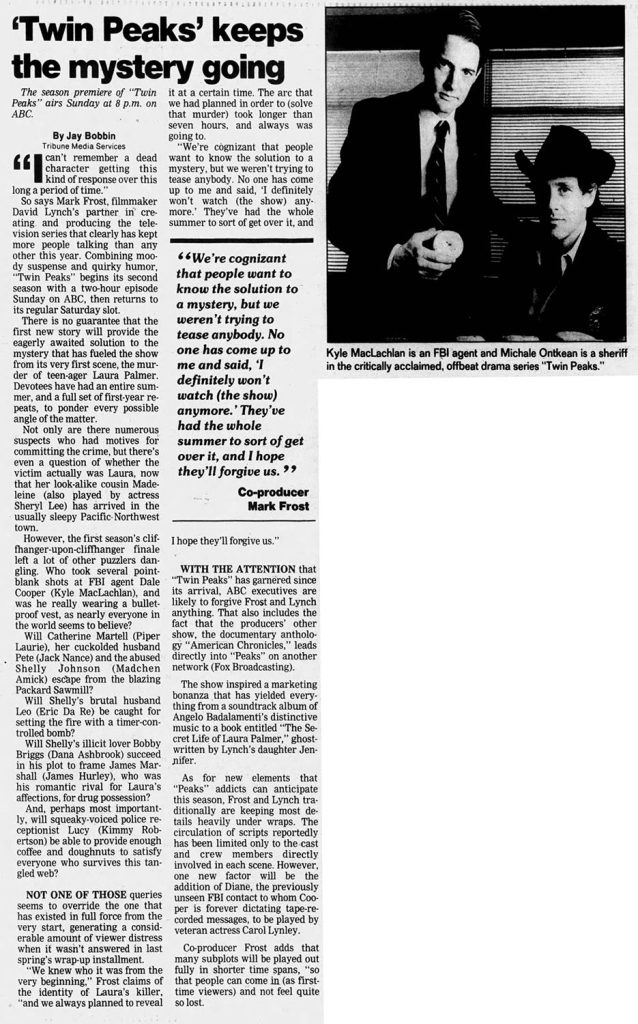 Newspaper article about Twin Peaks