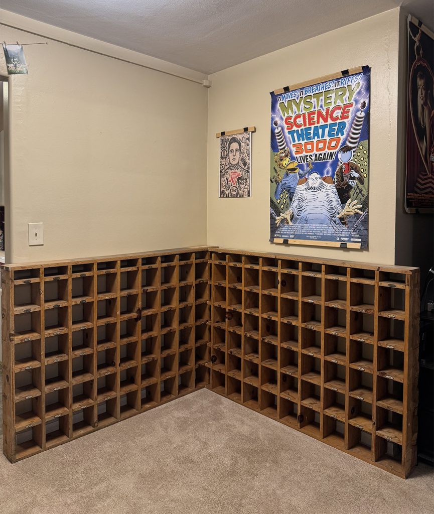 Mailboxes along corner of a room
