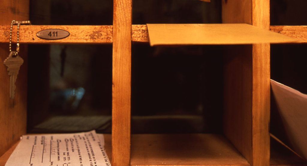 Close up detail of the registration desk