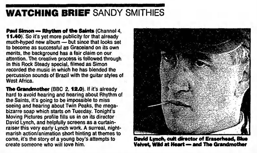 Newspaper preview about television programming with David Lynch