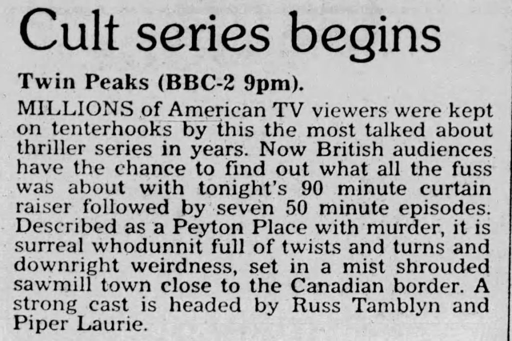 Newspaper article about Twin Peaks