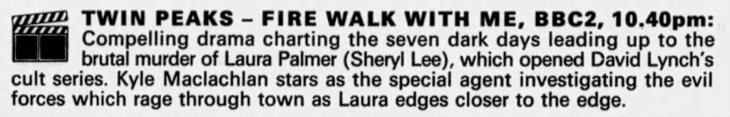 Newspaper blurb about Twin Peaks: Fire Walk With Me