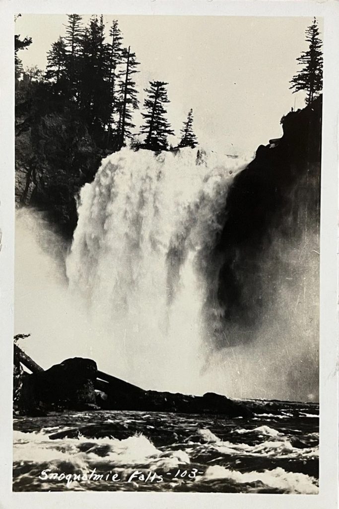Black and white photo of Snoqualmie Falls