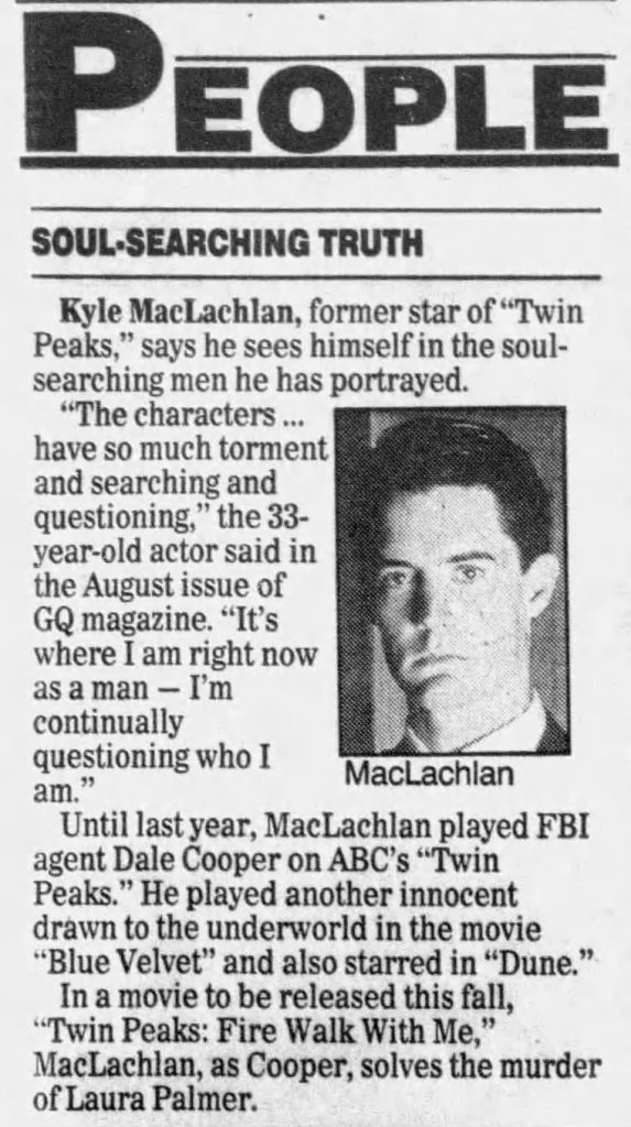 Newspaper article about Kyle MacLachlan