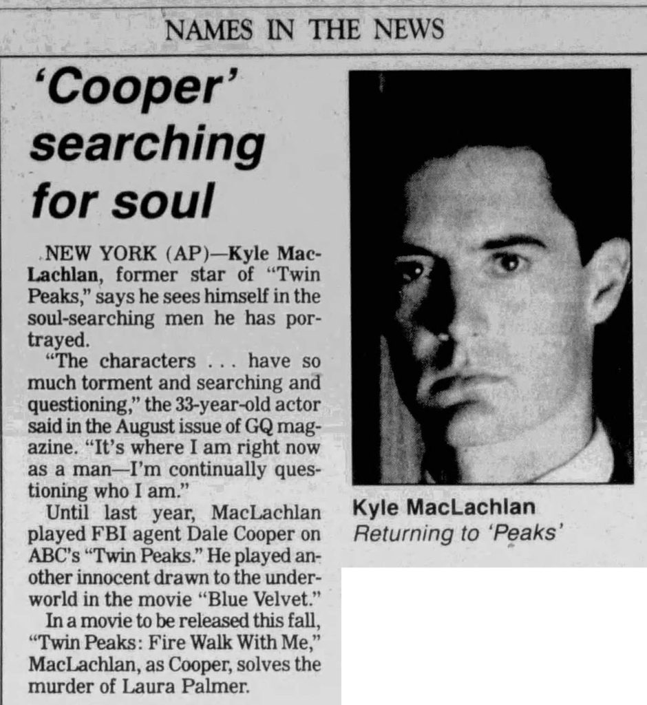 Newspaper article about Kyle MacLachlan